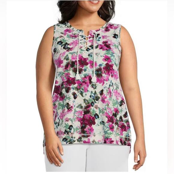 Westbound Tops - Westbound Plus Size Sleeveless Breezy Bloom Print Lace Up Knit Tank Size 2X